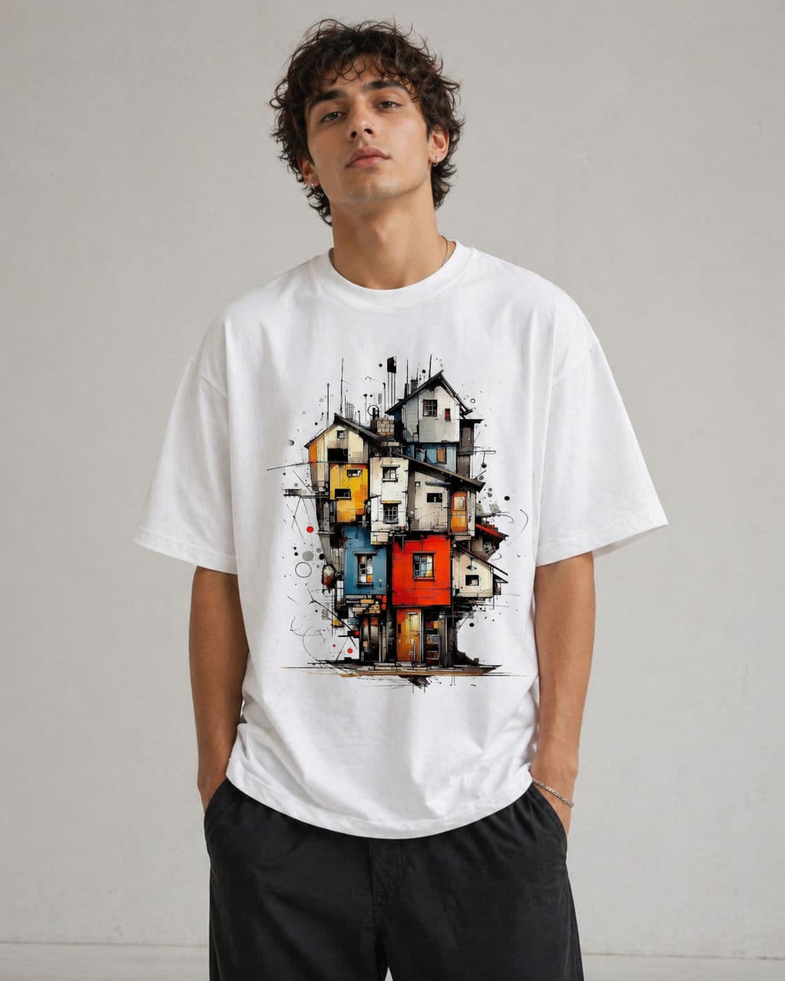 White Drop Shoulder T-Shirt Abstract Urban Architecture Edition