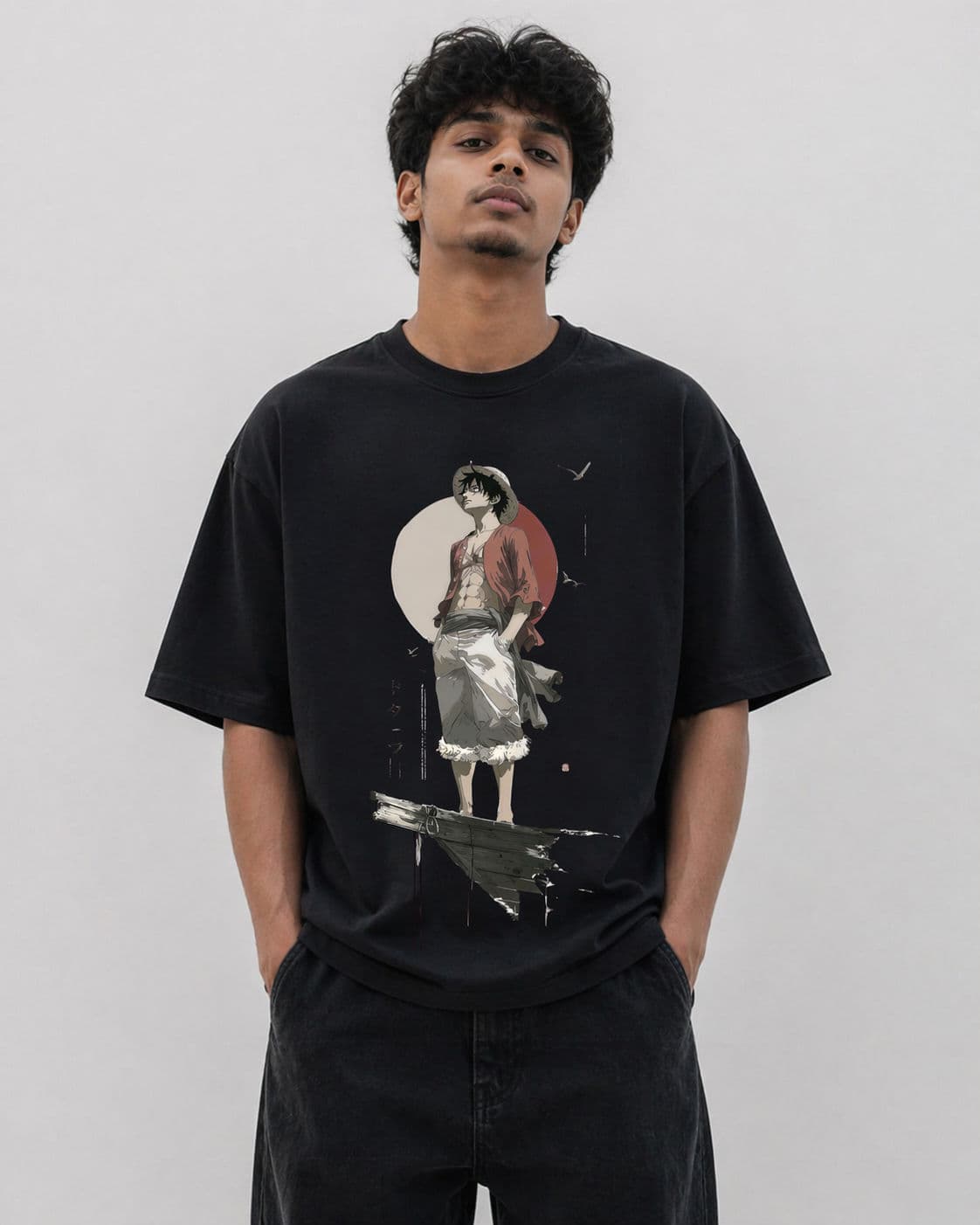 Black Drop Shoulder T-Shirt One Piece Luffy Straw Hat Edition