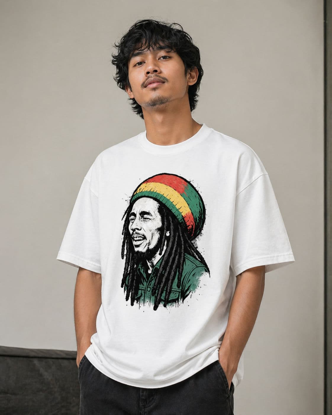 White Drop Shoulder T-Shirt Bob Marley Edition