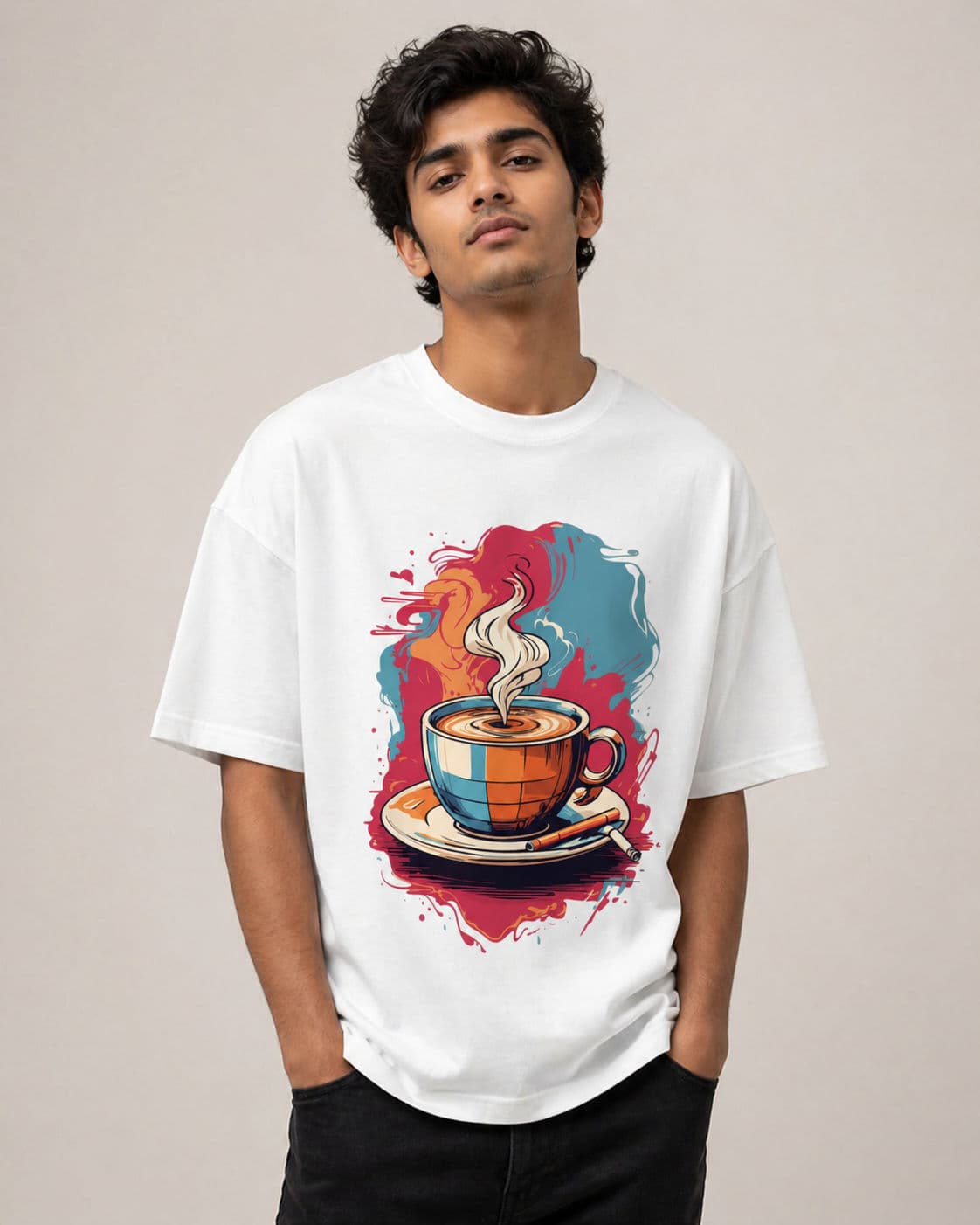 White Drop Shoulder T-Shirt Coffee & Cigarette Edition