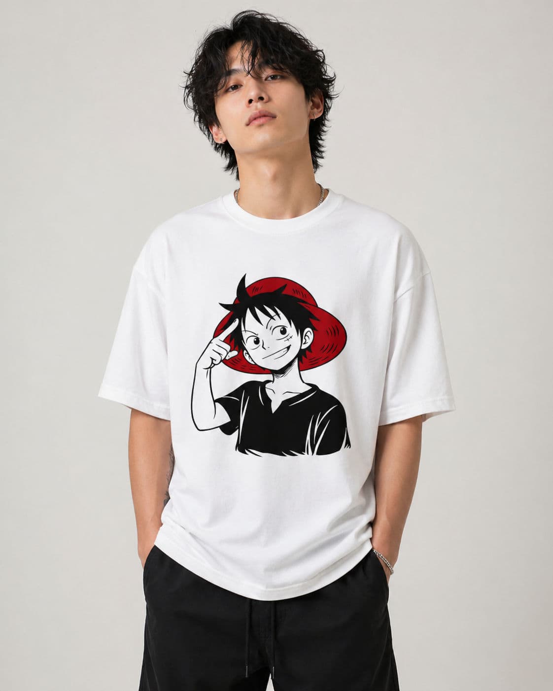 White Drop Shoulder T-Shirt One Piece Luffy Edition