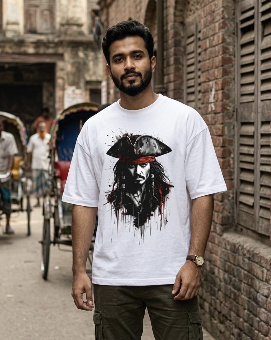 White Drop Shoulder T-Shirt Pirates of the Caribbean Jack Sparrow Edition