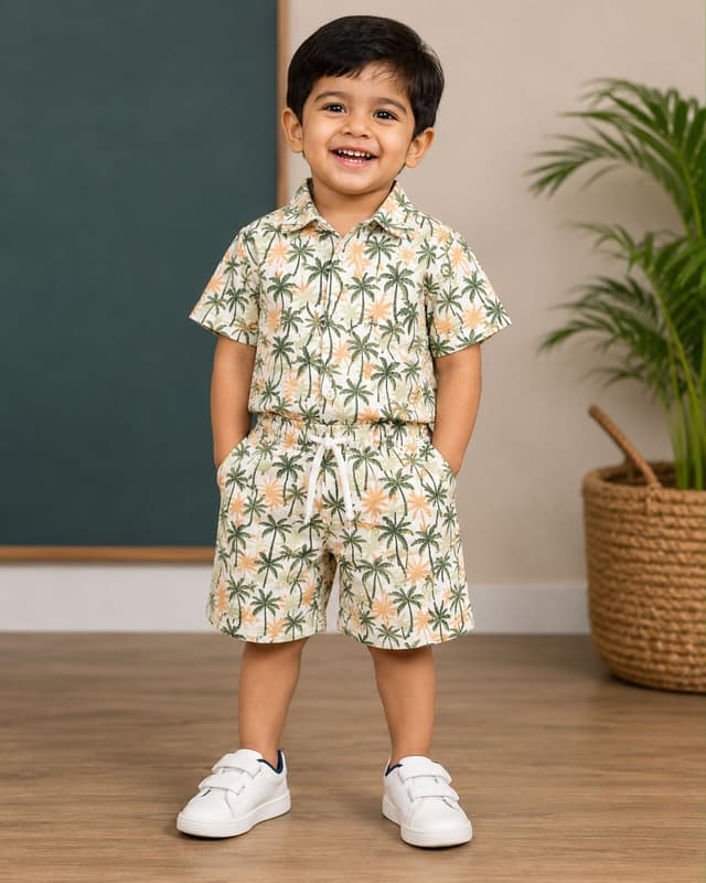 Kids Boys Tropical Palm Leaf Print Shirt & Pant Set