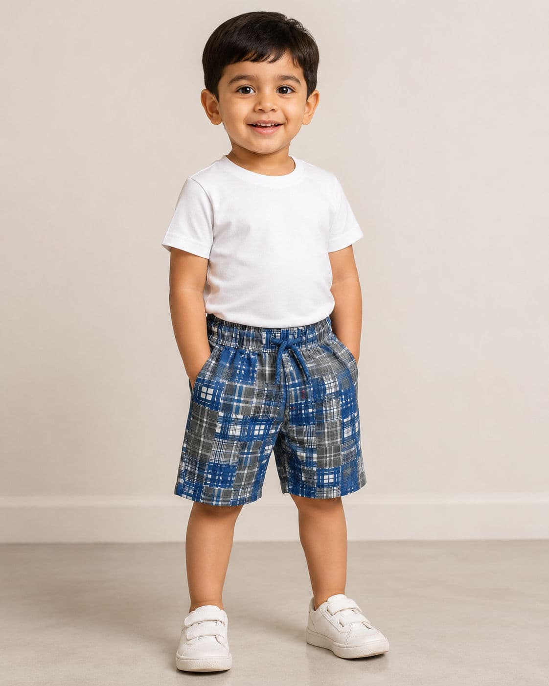 Kids Boys Blue Check Print Cotton Shorts