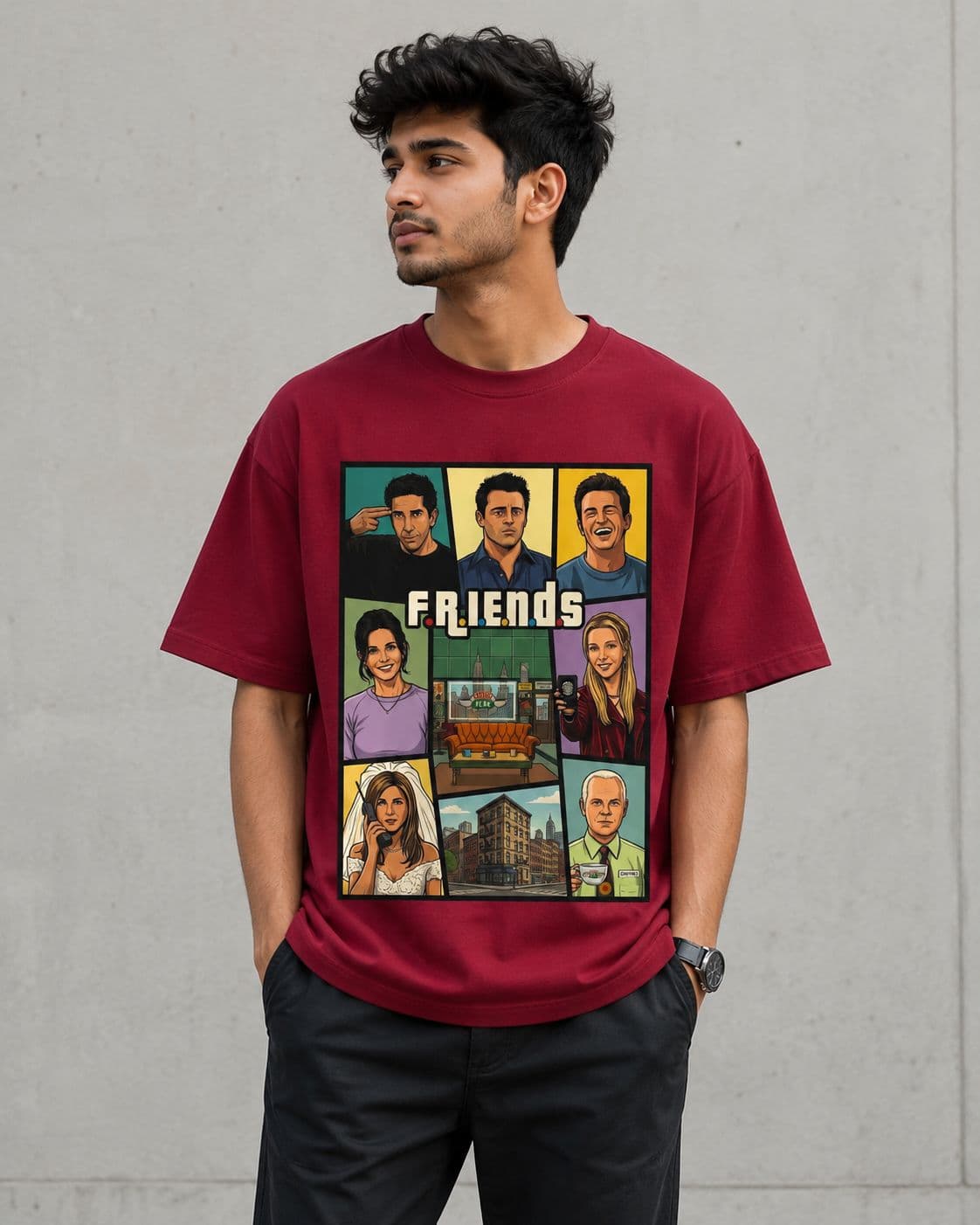 Maroon Drop Shoulder T-Shirt — Friends Edition